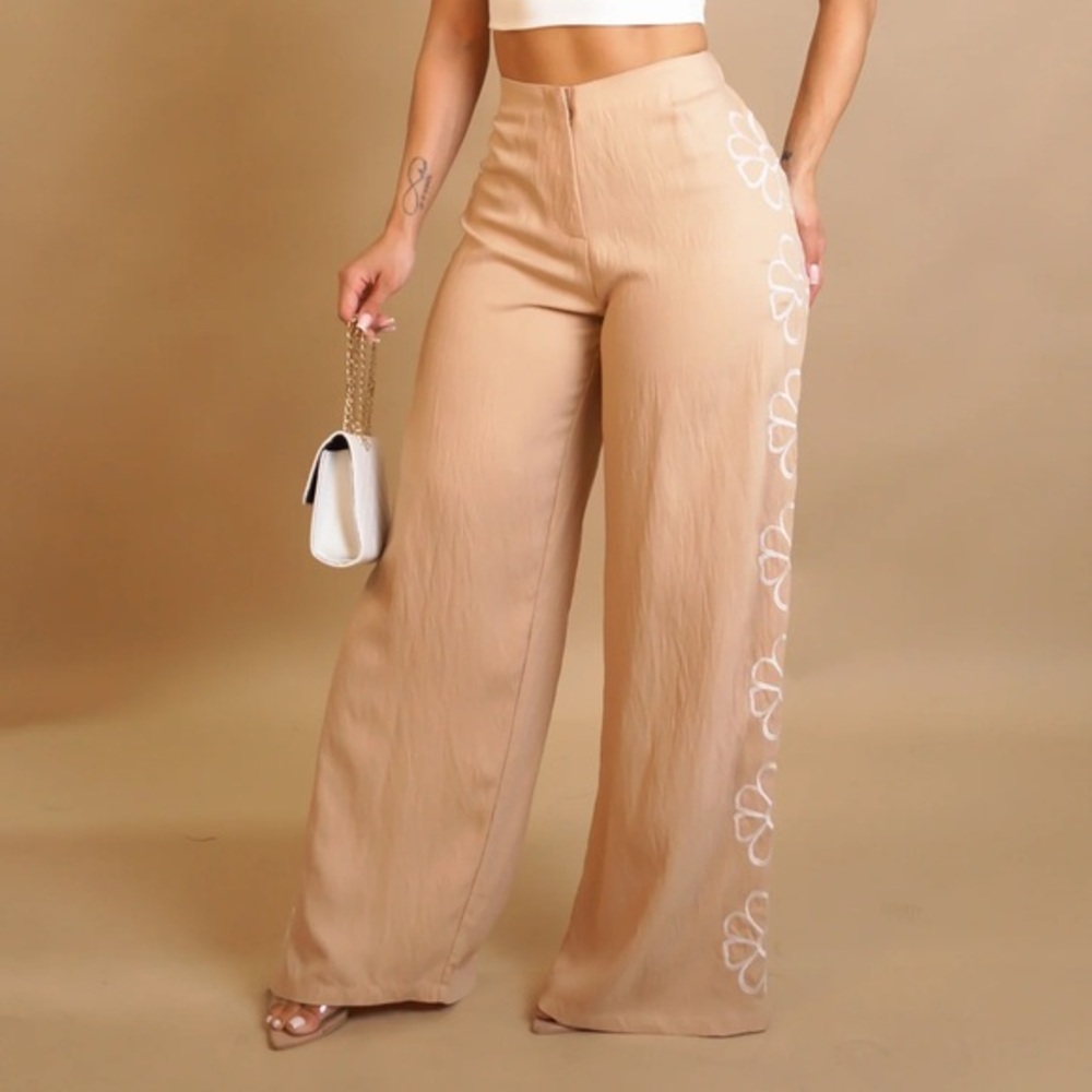 Elegant khaki Flower Embroidered Wide-Leg Pants